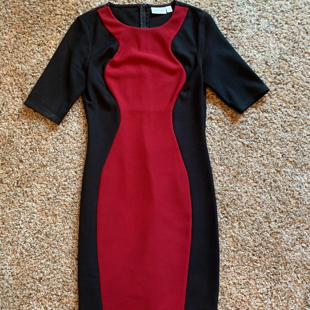 Deep red and black silhouette dress, near maroon